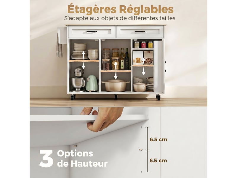 Îlot de cuisine avec plateau rabattable, chariot à roulettes 2 tiroirs, 3 portes, blanc, porte-racks et porte-serviettes - Conforama R