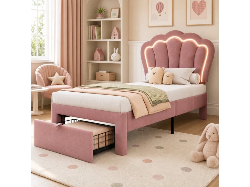  Lit simple enfant 200×90 cm avec tiroir et éclairage led rgb, tête de lit réglable, sans matelas, en velours rose  - Conforama B