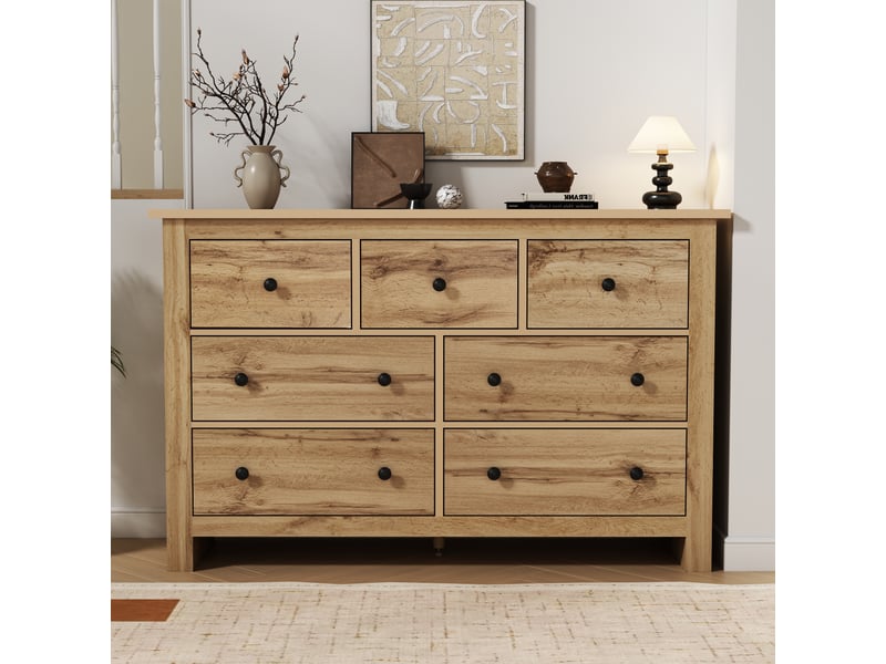  Buffet 7 tiroirs meuble bas 152x40x89 cm grande capacité rangement cuisine salle à manger entrée design moderne minimaliste couleur bois naturel  - Conforama W