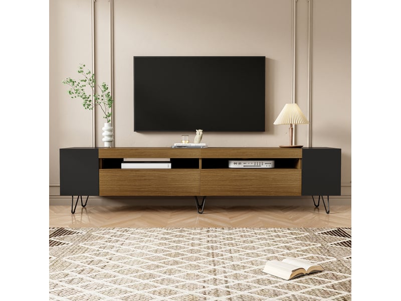  Meuble tv modenvie 180 x 36 x 43 cm avec rangement mdf noir et décor bois  - Conforama B