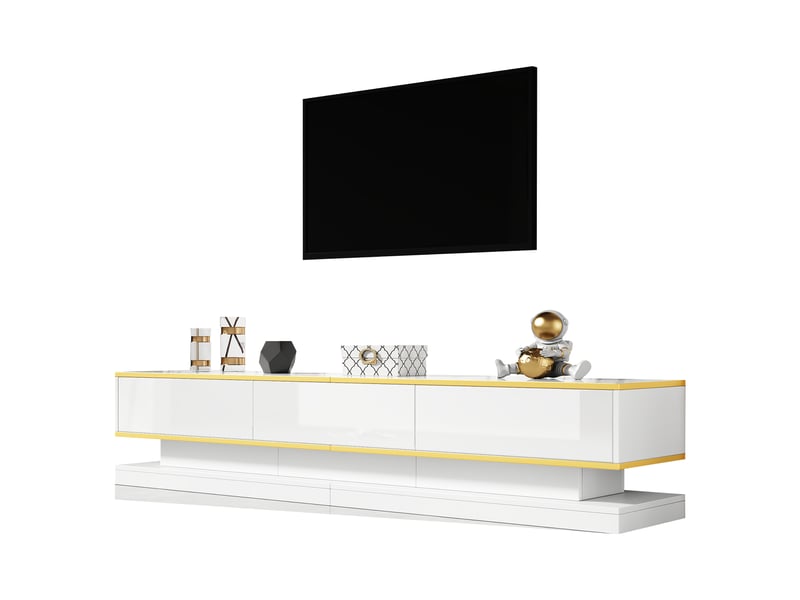  Ensemble salon meuble tv et table basse blanc brillant avec finitions dorées  - Conforama D