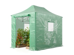 Serre pliante pliable en aluminium d'environ 200 x 300 x 270 cm, avec toit en pente, portes et fenêtres à fermeture éclair.