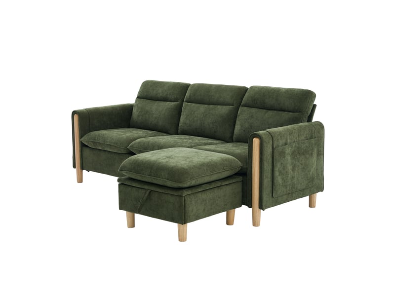  Canapé d’angle modulable 3 places 201x77x86 cm vert en chenille, pouf coffre réversible, pieds bois et poches latérales pour salon  - Conforama D
