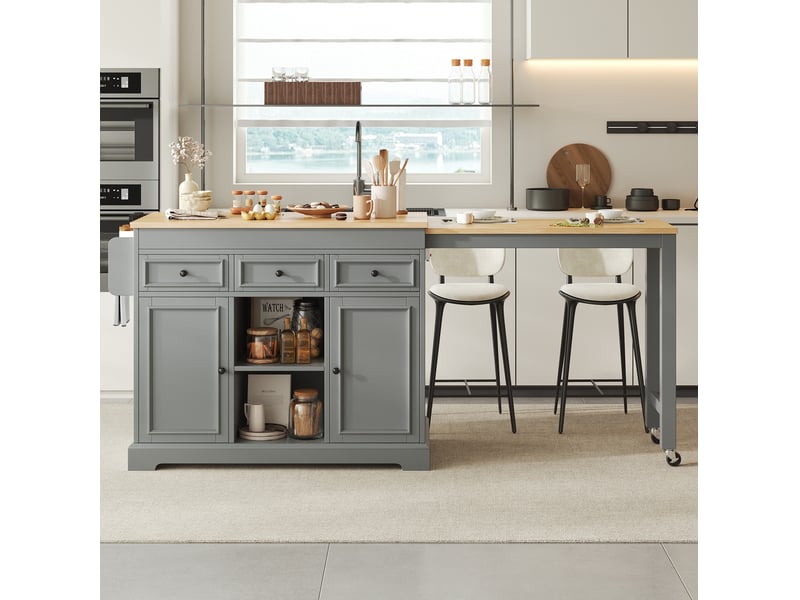  Desserte de cuisine mobile avec 2 portes, 3 tiroirs, rangement ouvert et plateau extensible pour cuisine en mdf gris  - Conforama D