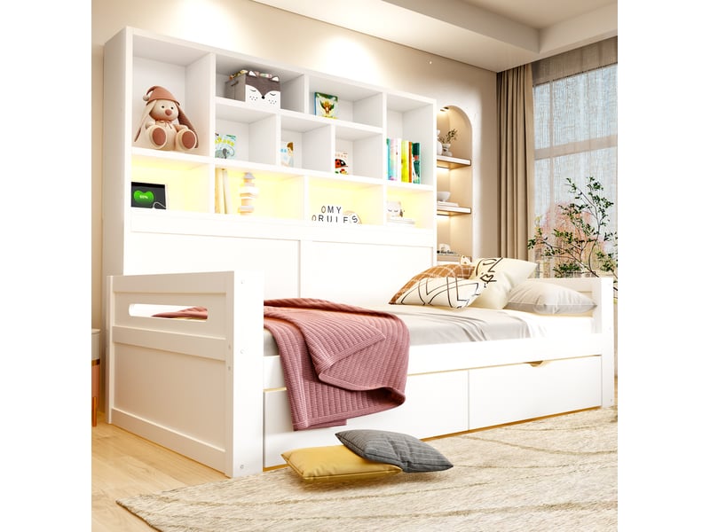 Lit 90x200 cm avec rangement, led et prises, blanc - Conforama D