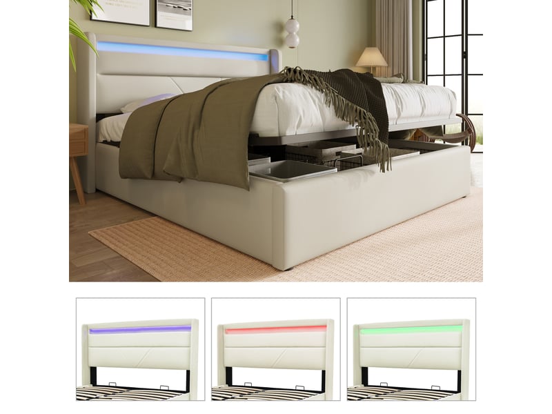  Lit coffre hydraulique 160x200 cm blanc avec éclairage led et matelas inclus  - Conforama C