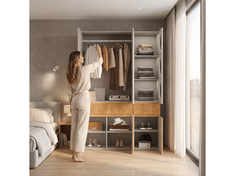 Armoire penderie 135 x 50 x 200 cm - 6 portes - 1 barre de penderie - 2 tiroirs - meuble de chambre moderne - gris clair et naturel - Conforama D