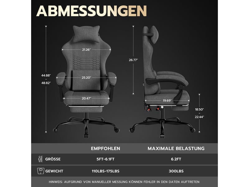  Chaise gaming de bureau en tissu gris foncé avec repose-pieds rétractable, appui-tête et dossier inclinable à 135°  - Conforama C