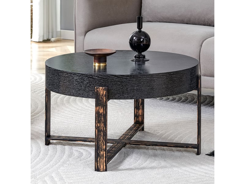  Table d'appoint noire ronde design moderne minimaliste construction stable veinage élégant piètement croisé robuste en métal  - Conforama A