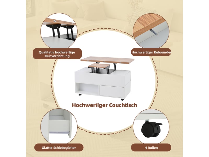  Table basse 100x50x40 cm avec plateau relevable, roulettes et 4 tiroirs - rangements salon  - Conforama E