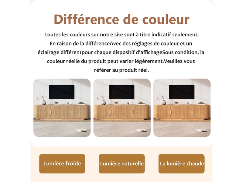  Meuble tv 180 cm 4 portes - banc tv couleur naturelle avec façade ondulée et grand rangement  - Conforama E