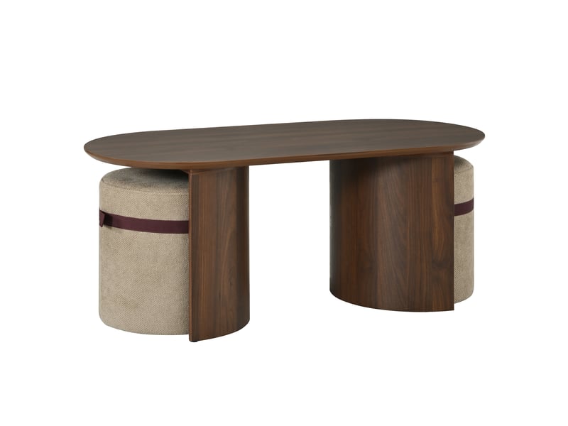  Table basse ovale avec 2 poufs, ensemble moderne en mdf pour salon et espace lounge  - Conforama E