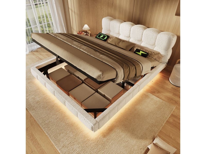  Lit coffre 140x190 cm avec rangement hydraulique, led, usbtype-c, sommier à lattes, design bubble en chenille, beige, sans matelas  - Conforama B