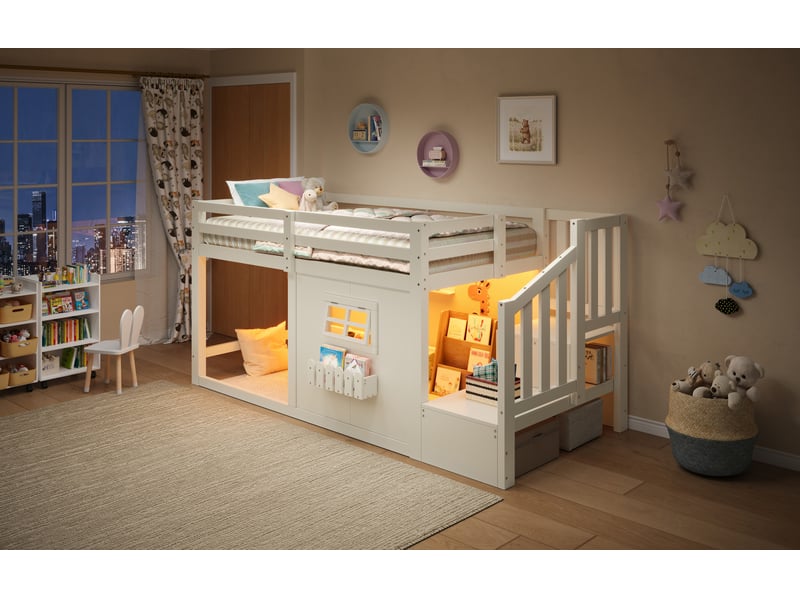  Lit mezzanine 90x200 cm, escalier avec 2 rangements, led, en bois, blanc et naturel, sans matelas  - Conforama D