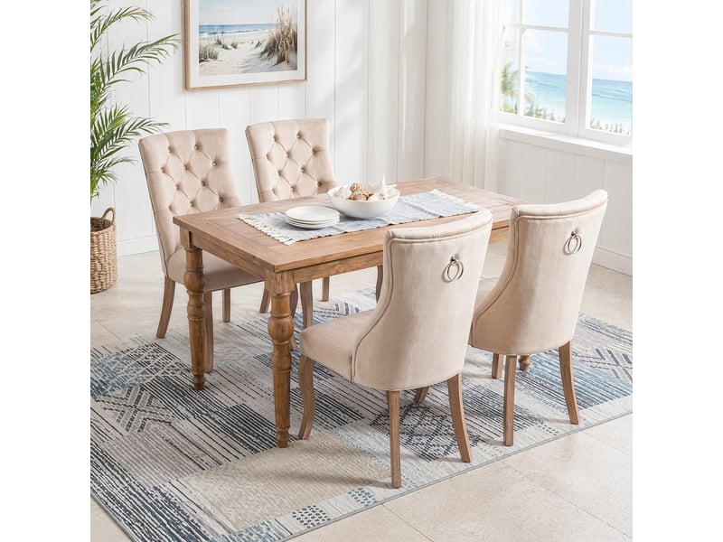  Chaise de salle à manger lot de 4 en velours, dossier haut capitonné et pieds en bois massif beige, 97 × 51 × 47 cm  - Conforama B