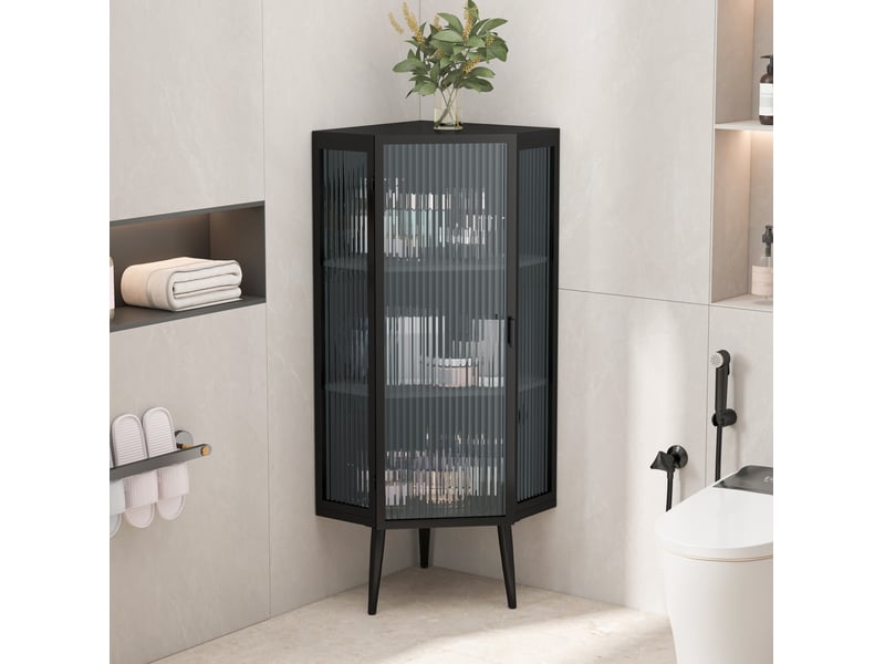  Armoire d'angle 56x42,5x110 cm trois niveaux verre trempé métal noir  - Conforama B