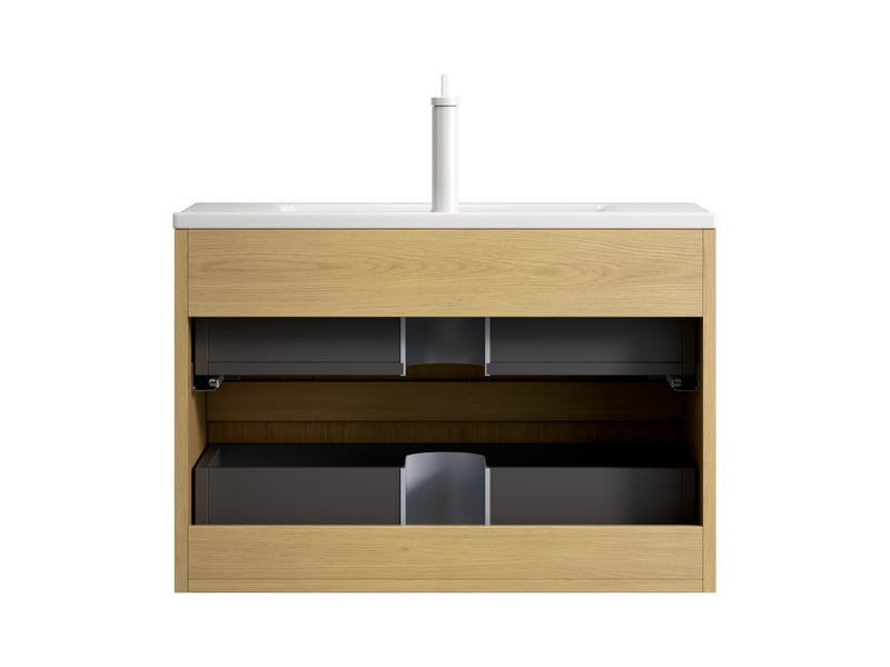 Meuble sous vasque suspendu 75 cm avec 2 tiroirs à fermeture douce - lpospi - céramique blanc et chêne doré - Conforama E