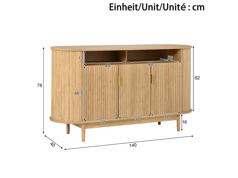 Buffet et enfilade 3 portes, façade à lignes verticales, rangement pour salon ou salle à manger, 140 × 40 × 78 cm - Conforama D
