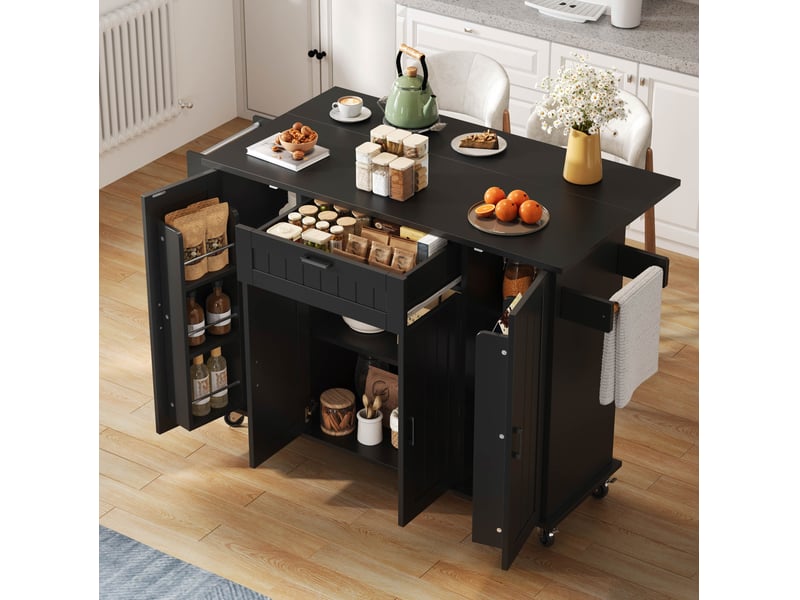  Îlot meuble cuisine 120x45(70)x95 cm pliant plateau extensible 120x70 cm 4 portes 1 tiroir rangements roulettes mdf noir  - Conforama B