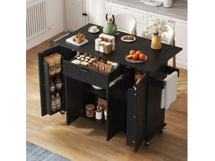 Îlot meuble cuisine 120x45(70)x95 cm pliant plateau extensible 120x70 cm 4 portes 1 tiroir rangements roulettes mdf noir