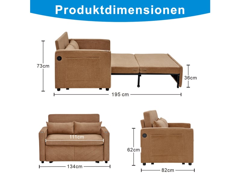 Canapé droit convertible 2 places orange avec usb, système coulissant 3-en-1 pour salon et chambre d'amis - Conforama C