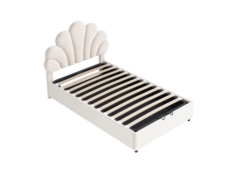  Lit coffre enfant 90x200 cm, espace de rangement, tête de lit réglable, sommier, velours beige, sans matelas  - Conforama E