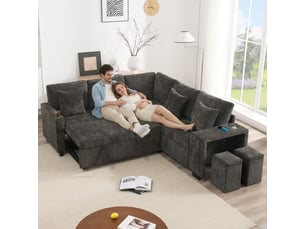 Canapé d'angle convertible 5 places en chenille gris avec coffre intégré et méridienne réversible