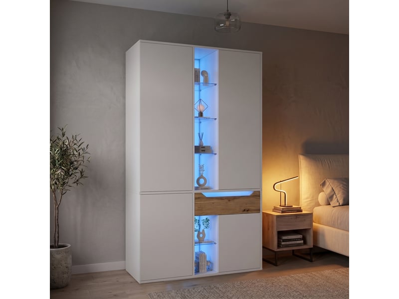  Armoire penderie 122 x 50 x 200 cm - 1 barre de penderie - 1 tiroir - éclairage led - vitrine en verre - rangements ouverts - blanc  - Conforama C