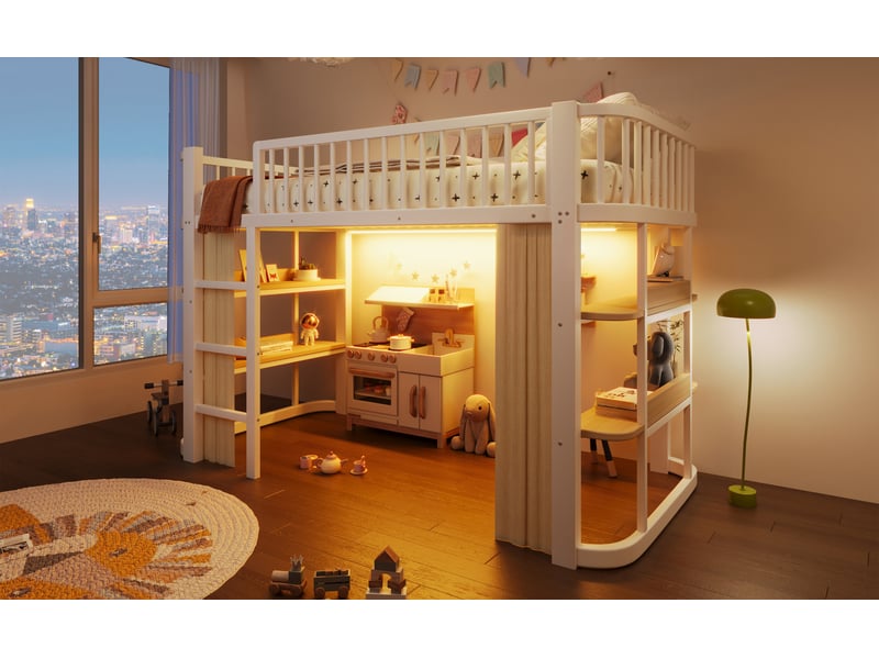  Lit mezzanine enfant 90 x 200 cm avec rideaux occultants et éclairage led, étagères ouvertes et garde-corps, métal, blanc Morn Vibe - Conforama C