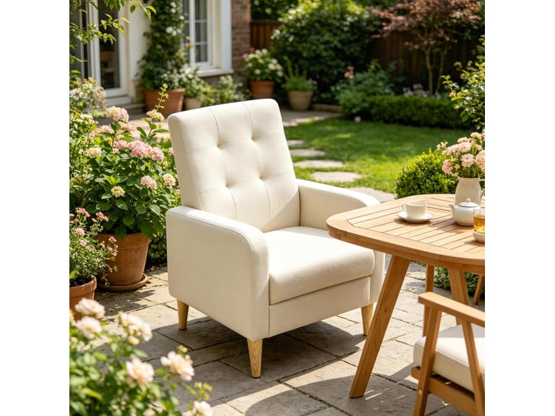  Fauteuil de lecture en lin avec dossier haut, assise rembourrée et structure en bois beige  - Conforama E