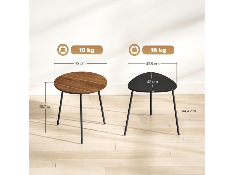  Lot de 2 tables basses gigognes, tables d'appoint contemporain cadre en métal, noyer et noir, ronde et triangulaire  - Conforama C