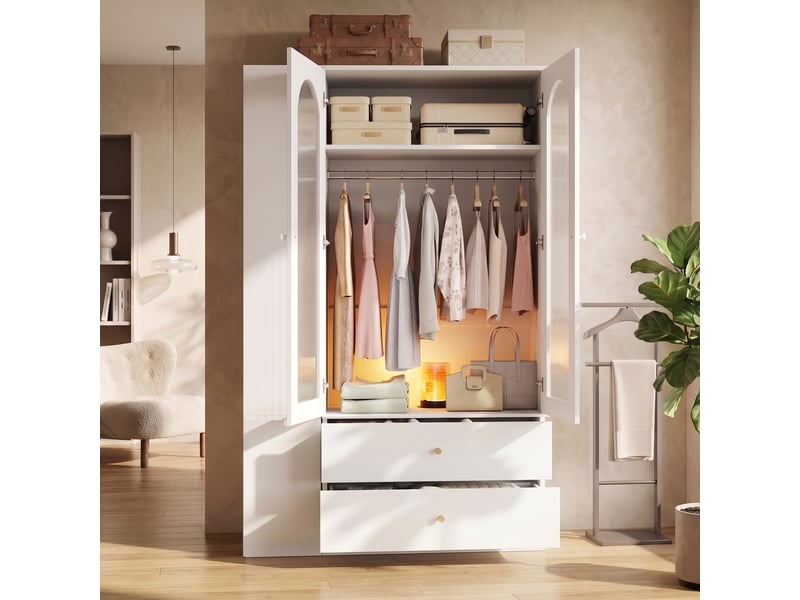  Armoire 120 x 50 x 200 cm, 2 portes vitrées, 2 tringles à vêtements, 4 tiroirs, espace de rangement, blanc Bliss Lite - Conforama E
