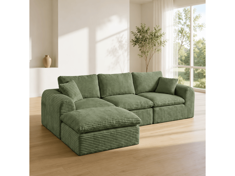 Canapé d’angle modulable 4 places 280 cm, 3-en-1, sans cadre rigide, mousse et ressorts, couchage d’appoint, velours côtelé, vert Morn Vibe - Conforama B