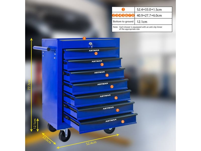  Boîte à outils à 7 tiroirs - noir &amp; bleu - acier - 24.6 kg - roues pivotantes - verrouillage à clé 52.4x33x65.6cm - Conforama E