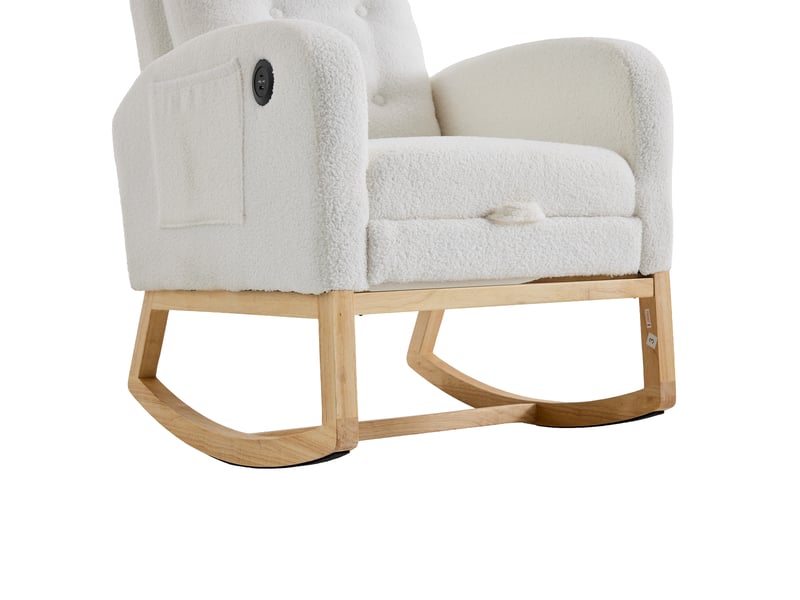 Fauteuil à bascule blanc en tissu bouclé avec port usb, repose-pieds réglable, poches latérales, 66,5x121,5x102 cm - Conforama E
