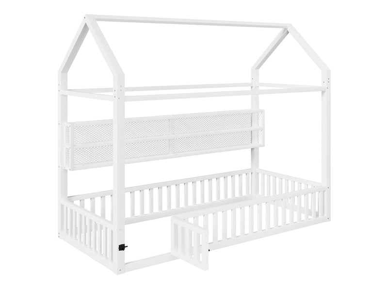  Lit cabane plateforme 90x200 cm, lit maison avec led 7 couleurs, barrière sécurité, structure métallique stable, blanc  - Conforama W