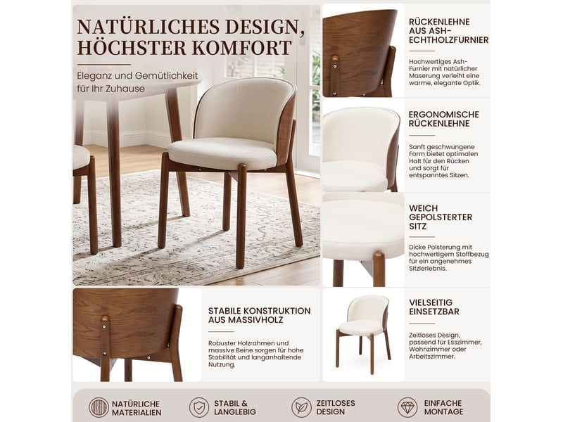  Lot de 6 chaises de salle à manger avec dossier enveloppant et assise rembourrée en tissu de lin et bois noyer  - Conforama D