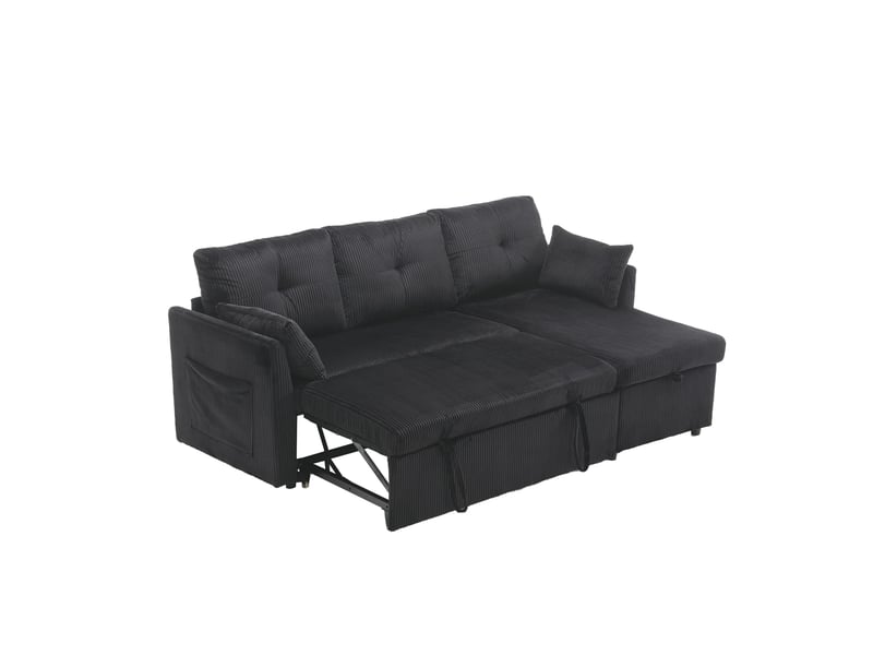  Canapé-lit d’angle tcqpz modulable 3 places avec rangement et lit gigogne 206 x 108 x 66 cm velours côtelé noir  - Conforama A