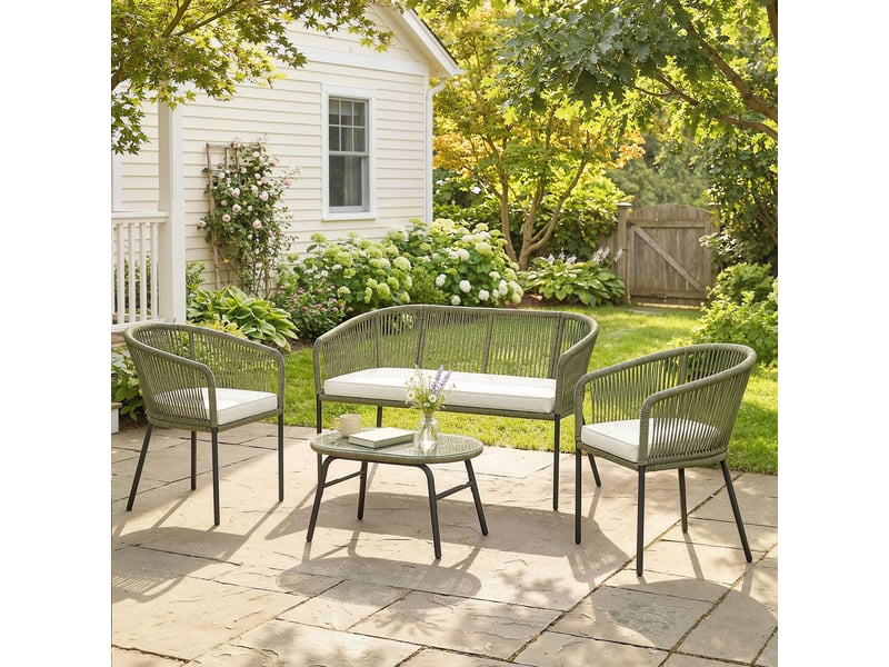  Salon de jardin extérieur 4 pl. Canapé 2 pl. 2 fauteuils et table basse verre trempé pp tressé crème  - Conforama D