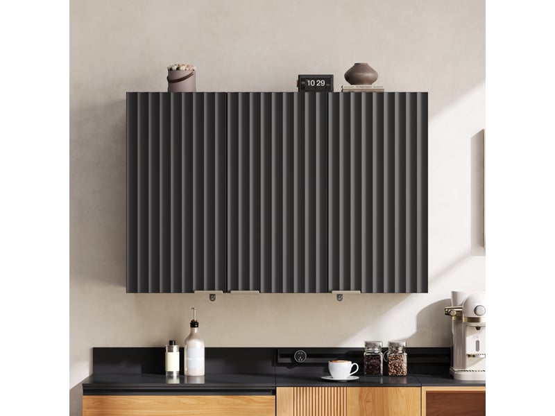  Meuble haut de cuisine 3 portes 90x29x60 cm - meuble de rangement mural - portes à lattes ondulées - mdf - noir  - Conforama W