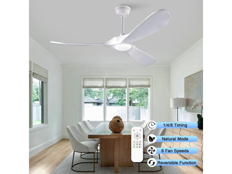 Ventilateur de plafond 132 cm éclairage led dimmable 3 pales bois massif blanc réversible 6 vitesses télécommande - Conforama E