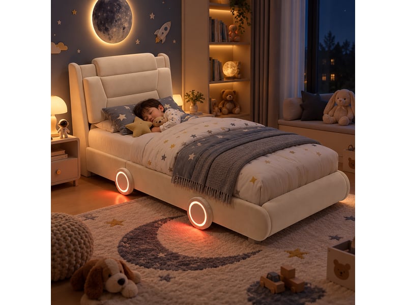  Lit simple enfant forme voiture 90x200 cm beige flanelle, tête de lit réglable 2 hauteurs, roues lumineuses  - Conforama B