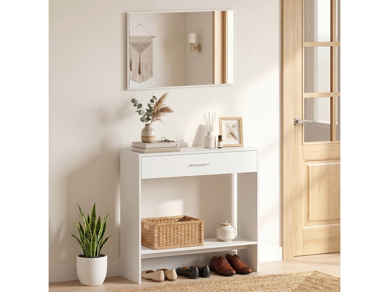  Console d'entrée avec miroir, tiroir et étagère, meuble d'entrée, 91,5 x 27,9 x 85,5 cm, blanche  - Conforama C