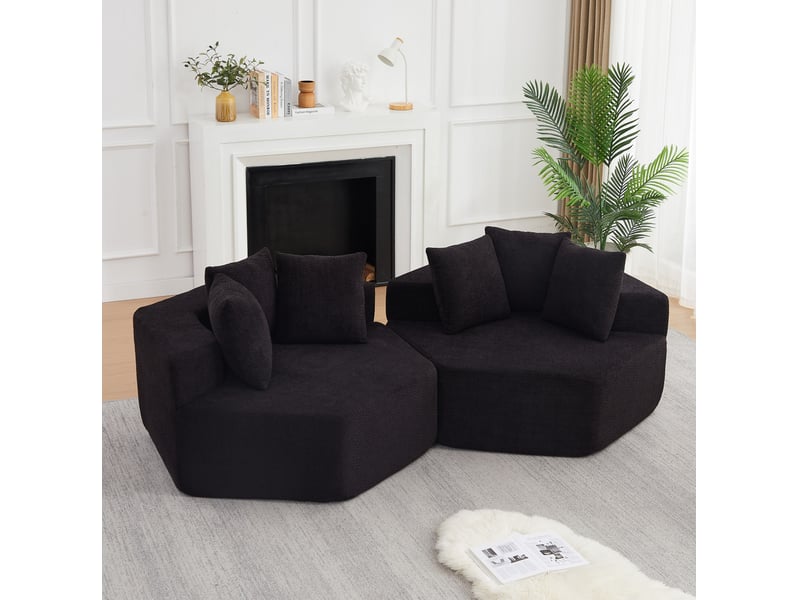  Fauteuil pouf modulable hexagonal avec trois coussins et dessous antidérapant en tissu bouclette noir  - Conforama D