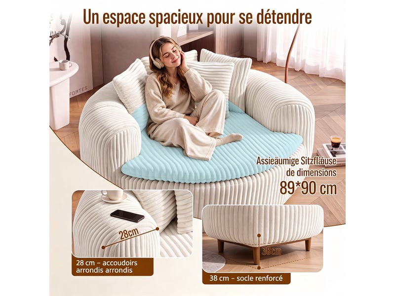  Pouf lounge côtelé en velours côtelé beige avec assise profonde et 5 coussins pour... IKSETERA TRADING LTD - Conforama D