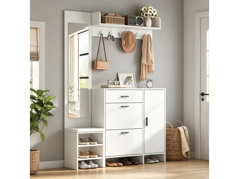  Meuble d'entrée blanc en mdf avec rangement chaussures, miroir, banc rembourré, 6 patères et 2 abattants, 140 x 30 x 200 cm  - Conforama B