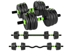 Set d'haltères réglables 20 kg 140 x 20 x 20 cm – vert – 3-en-1 avec barres droite et ez, musculation