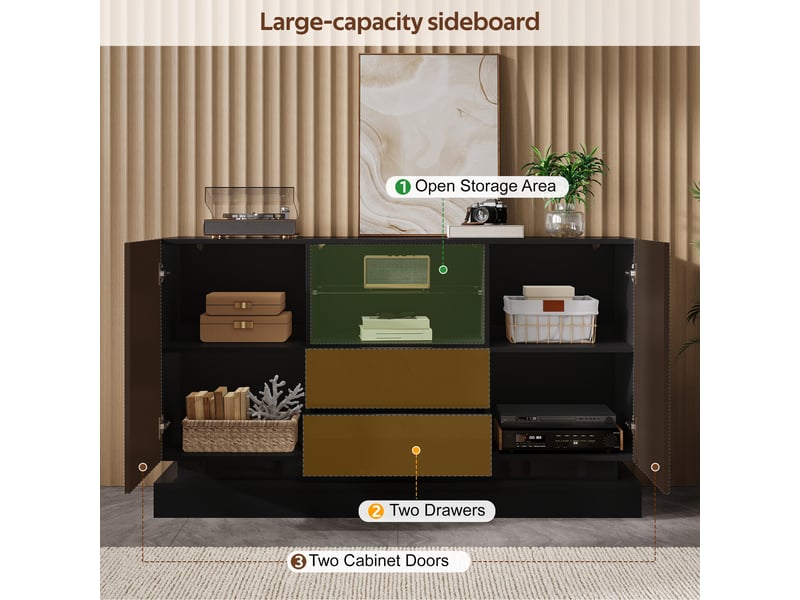  Buffet bas l140 x p40 x h80 cm en panneaux de particules avec led, 2 portes et 2 tiroirs noir chicfurn  - Conforama D