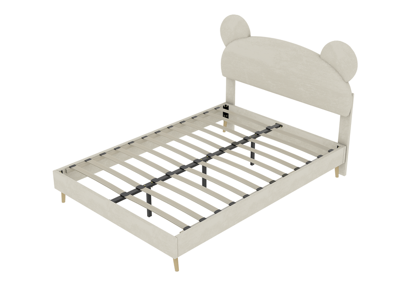  Lit enfant 90x200 cm en tissu beige avec tête de lit rembourrée motif cartoon  - Conforama E