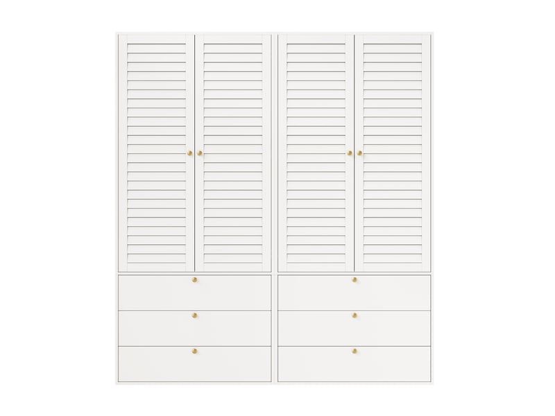  Armoire penderie 180 x 50 x 200 cm blanche en panneaux de particules, 4 portes, 6 tiroirs et 2 tringles  - Conforama D